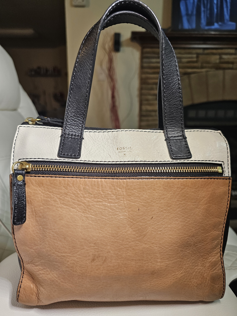 Fossil Tri-Color Leather Satchel - Tan, Black & Cream